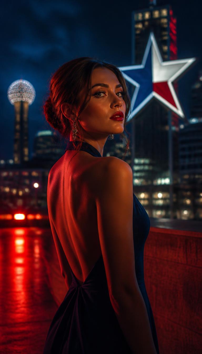 Girl in Texas vertical drama series key art — a woman in evening wear against the Dallas skyline